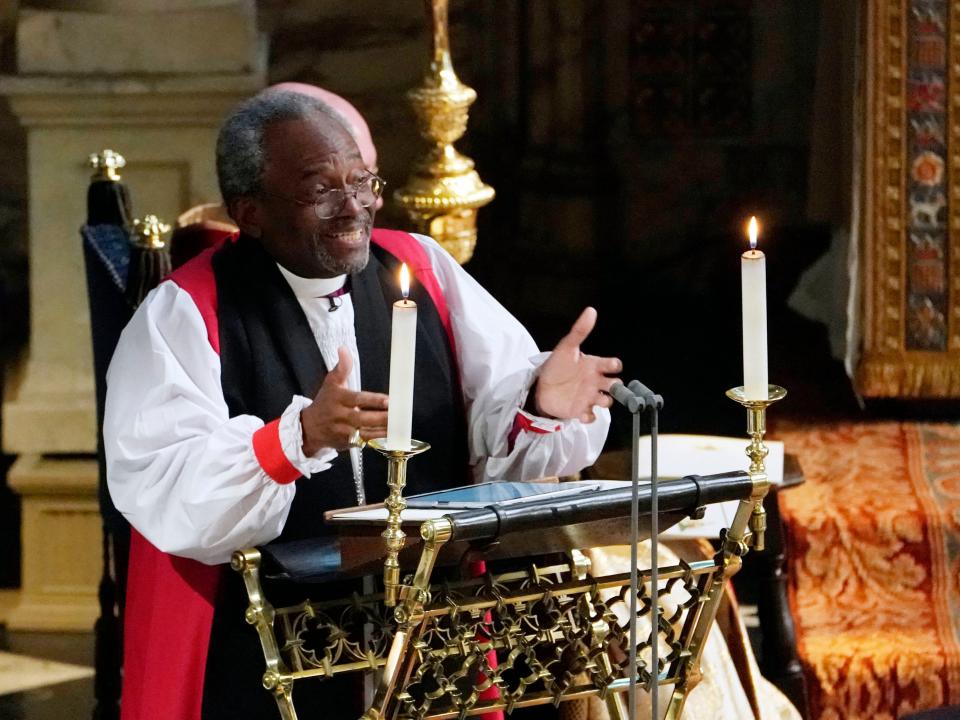 Bishop Michael Curry delivers a sermon at the royal wedding in St. George's Chapel.