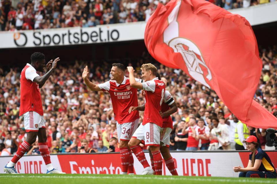 Gabriel Jesus (pictured) celebrates scoring his third Arsenal goal.