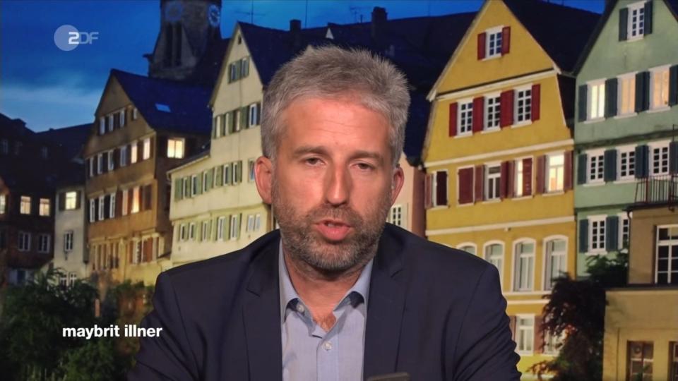 Der live zugeschaltete Oberbürgermeister Tübingens, Boris Palmer, sprach sich für eine teilweise Impfpflicht aus. (Bild: ZDF)