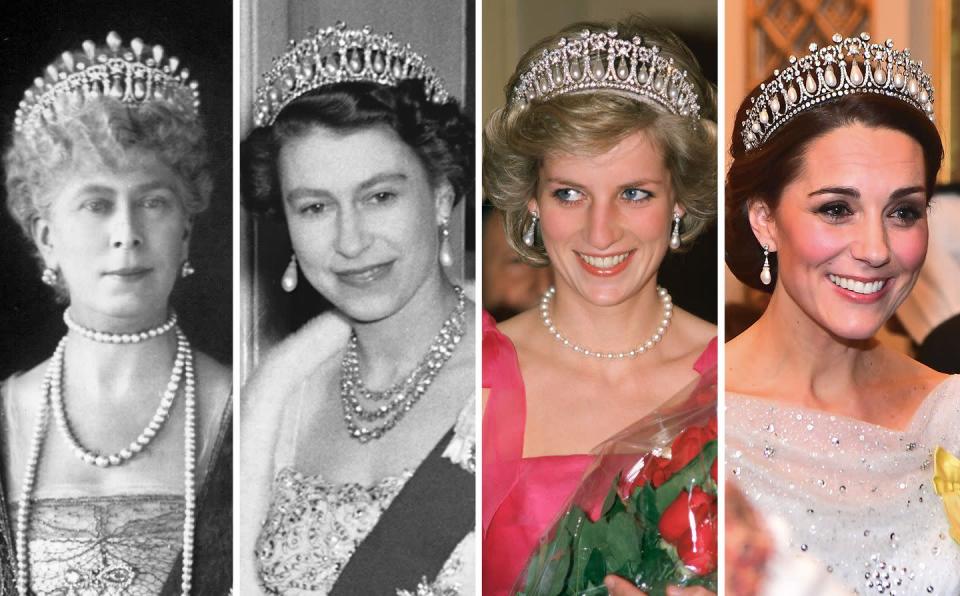 <p>Queen Mary had the tiara made in 1913, and modeled it after a previous version of the same sparkler: her grandmother Princess Augusta of Hesse’s Lover’s Knot Tiara. When Queen Mary died in 1953, the headpiece came into her granddaughter Queen Elizabeth II’s possession, who lent it to Princess Diana for a time. After Diana’s death, it wasn’t publicly seen until Kate wore it to Buckingham Palace in 2015. Since then, it’s become one of Kate’s favorite tiaras. </p><p>The Queen “doesn't give the jewels as gifts—they still remain part of her personal jewelry collection—but she allows [family members] to wear them on a long-term basis,” Kay explains.</p><p><strong>More</strong>: <a href="https://www.townandcountrymag.com/society/tradition/a10302981/cambridge-love-knot-tiara/" rel="nofollow noopener" target="_blank" data-ylk="slk:Kate Middleton's Stunning Lover's Knot Tiara Has a Fascinating Royal History" class="link ">Kate Middleton's Stunning Lover's Knot Tiara Has a Fascinating Royal History</a></p>