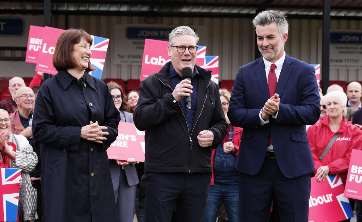 Labour Party leader Sir Keir Starmer (centre) and shadow chancellor Rachel Reeves, celebrate with David Skaith at Northallerton Town Football Club, North Yorkshire, after he won the York and North Yorkshire mayoral election. Picture date: Friday May 3, 2024.