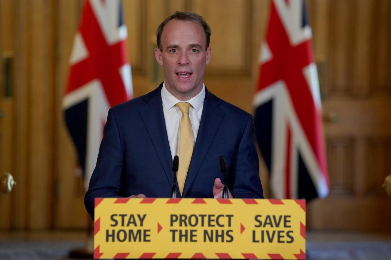 Foreign Secretary Dominic Raab during a media briefing in Downing Street, London, on coronavirus: PA