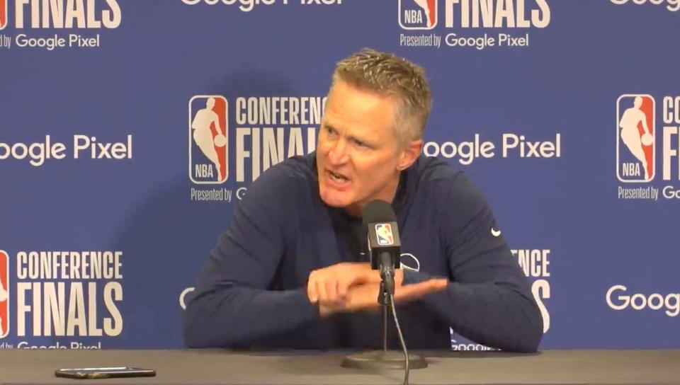 NBA's Golden State Warriors head coach Steve Kerr reacts during a news conference before game against Dallas Mavericks following a shooting at an elementary school in Texas, May 24, 2022. / Credit: GOLDEN STATE WARRIORS