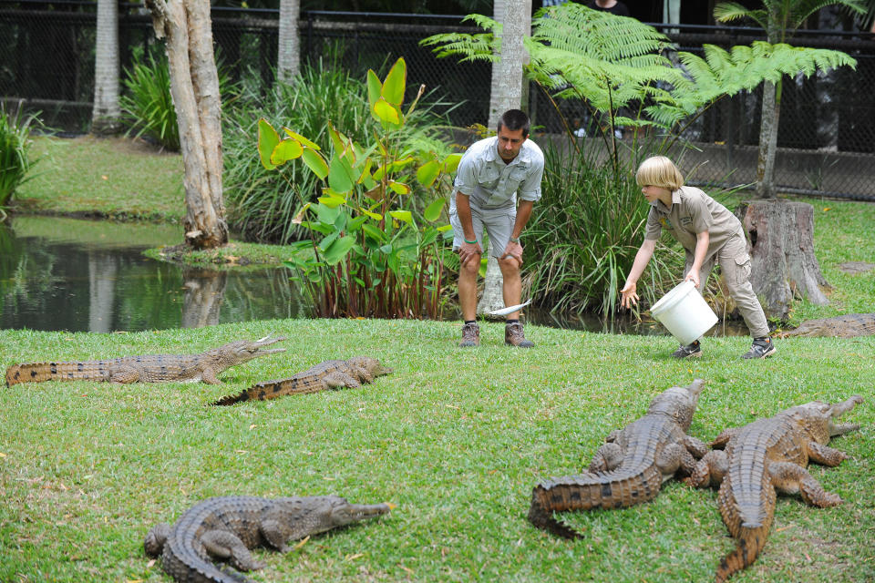 In this handout photo provided by Australia Zoo, Robert Irwin (R) feeds freshwater crocodiles with Australia Zoo's Head of Reptiles, Josh Ruffell at Australia Zoo on October 2, 2012 on the Sunshine Coast, Australia. Robert Irwin, 8, feed freshwater crocodiles for the first time publicly today. 