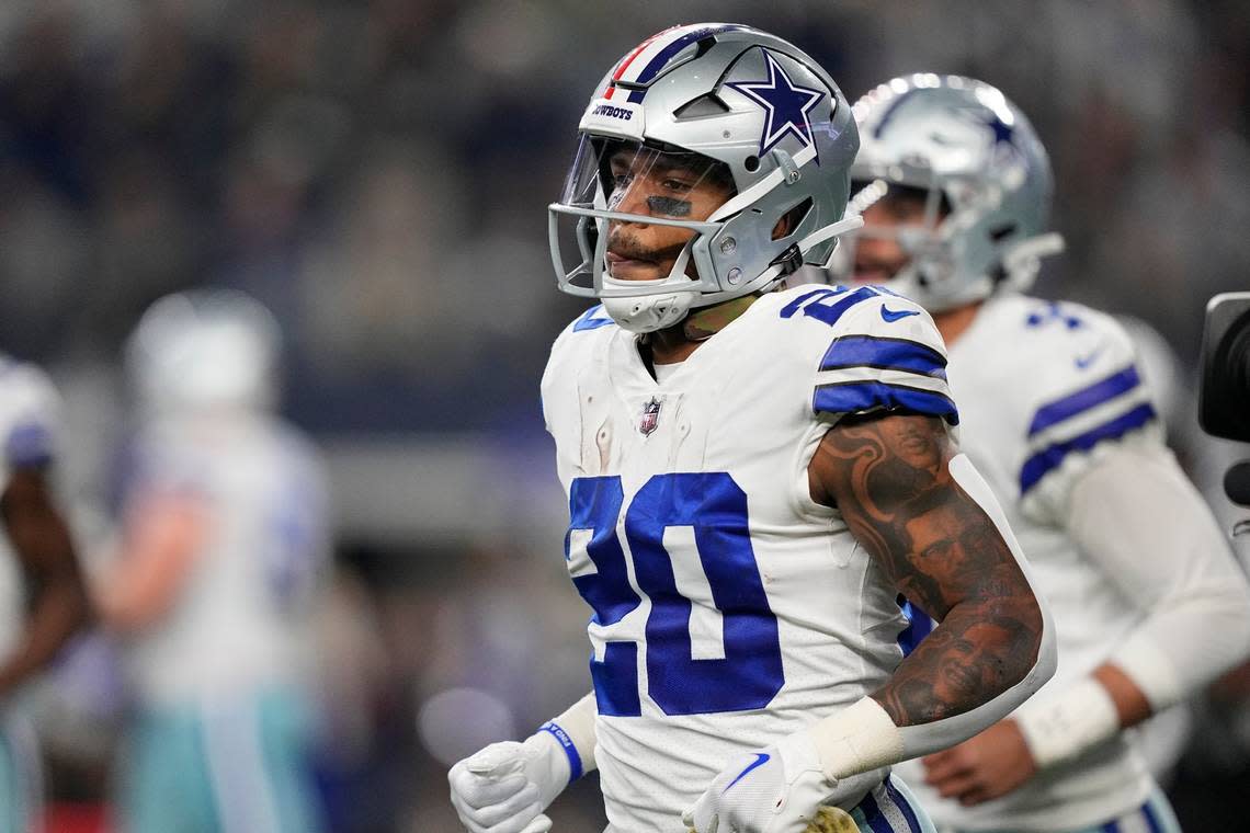 Dallas Cowboys’ Tony Pollard reacts after a touchdown run during Sunday’s game against the Indianapolis Colts at AT&T Stadium.