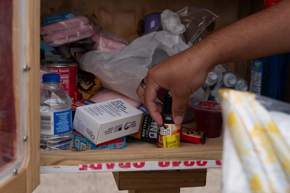 Some of the items in the Highland Park blessing box include hygiene products, perishable food and drinks.