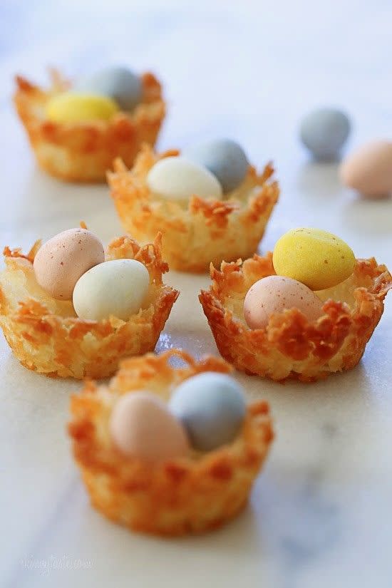 <p>Don't golden brown coconut cups look <em>exactly </em>like robins' nests? Top with Cadbury eggs for a realistic — and yummy! — finish.</p><p><em><a href="http://www.skinnytaste.com/coconut-macaroon-nests/#c307165778744090520" rel="nofollow noopener" target="_blank" data-ylk="slk:Get the recipe from Skinny Taste »;elm:context_link;itc:0;sec:content-canvas" class="link ">Get the recipe from Skinny Taste »</a></em></p>