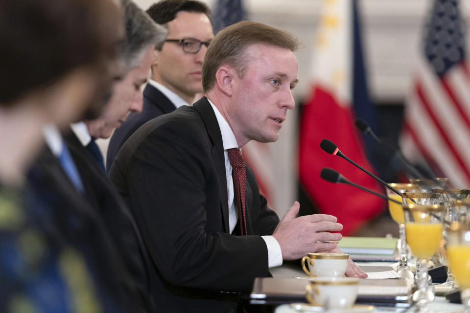 White House National Security Advisor Jake Sullivan speaks during a bilateral meeting with Philippines Foreign Affairs Secretary Enrique Manalo at the Department of State in Washington, Friday April 12, 2024. (AP Photo/Jose Luis Magana)