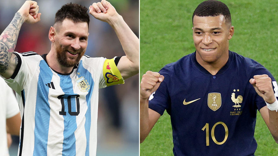 Argentina great Lionel Messi and France superstar Kylian Mbappe will go head-to-head in a dream World Cup final for football fans. Pic: Getty