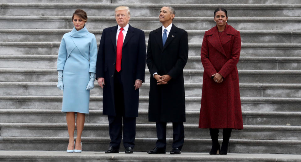 (from left to right) Melania trump, Donald Trump, Barack Obama and Michelle Obama at Trump's inauguration