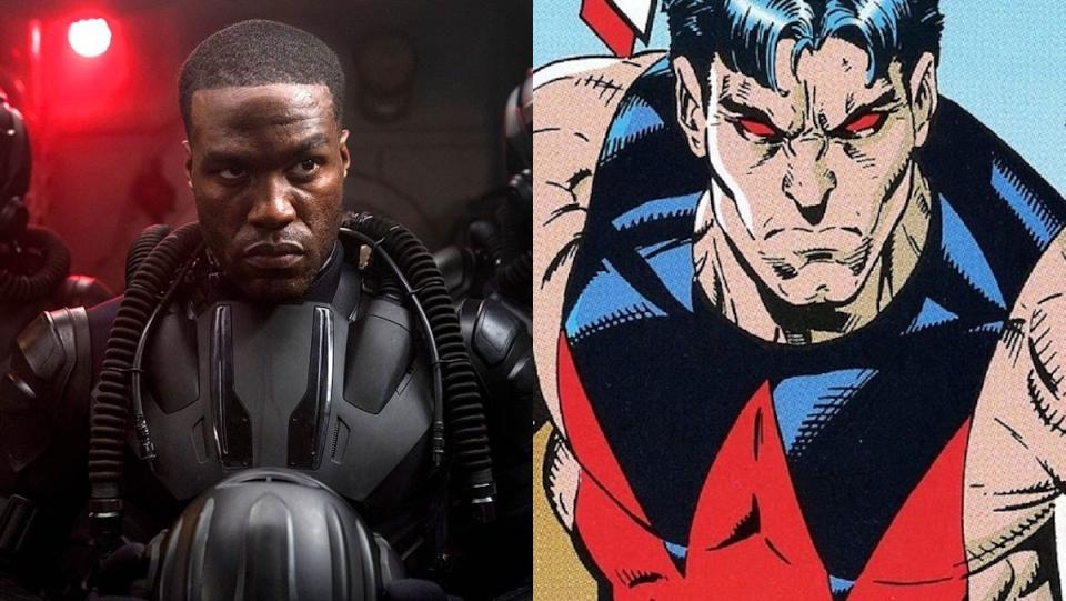 Yahya Abdul-Mateen II as Black-Manta in Aquaman and a comic page of Wonder Man