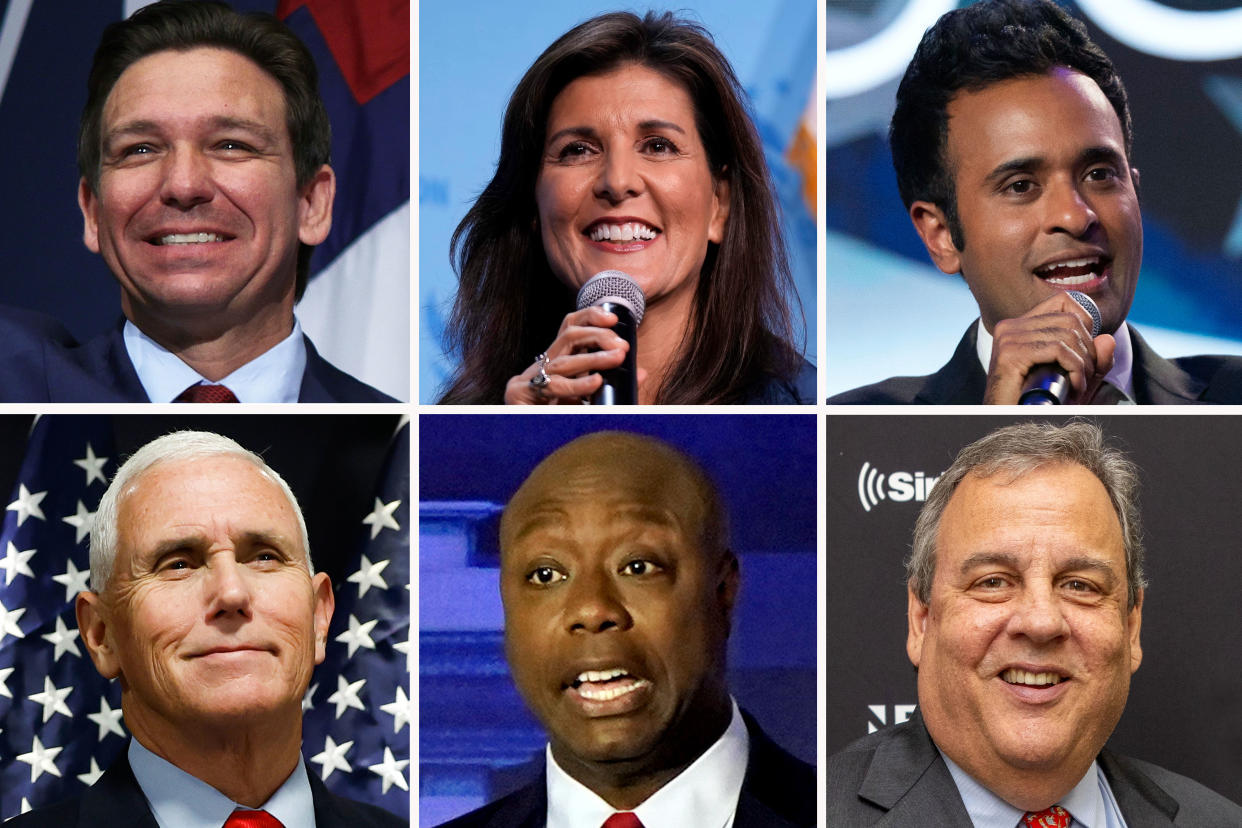 Clockwise from top left: Ron DeSantis, Nikki Haley, Vivek Ramaswamy, Mike Pence, Tim Scott and Chris ChristieRon DeSantis, Nikki Haley, Vivek Ramaswamy, Mike Pence, Tim Scott and Chris Christie. (Alex Wong/Getty Images, Andrew Caballero-Reynolds/AFP via Getty Images, Jose Luis Magana/AP, Anna Moneymaker/Getty Images,  Al Drago/Bloomberg via Getty Images, Scott Eisen/Getty Images)