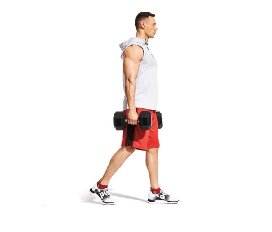 <p>Courtesy Image</p><p><strong>Sets</strong>: 3–4</p><p><strong>Reps</strong>: 25 total steps</p><p>Stand tall with weights held by your sides. Keep shoulders tight and back straight. Take short, quick steps.</p>
