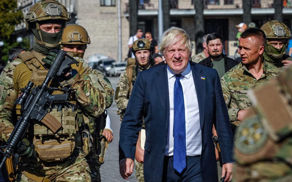 Boris Johnson, the Prime Minister, visits Kyiv's 'Maidan' Independence Square in August 2022 - AFP