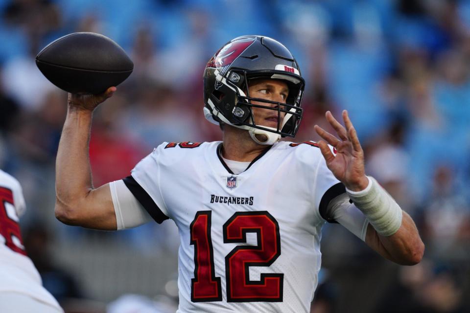 Tampa Bay Buccaneers quarterback Tom Brady sets to pass.