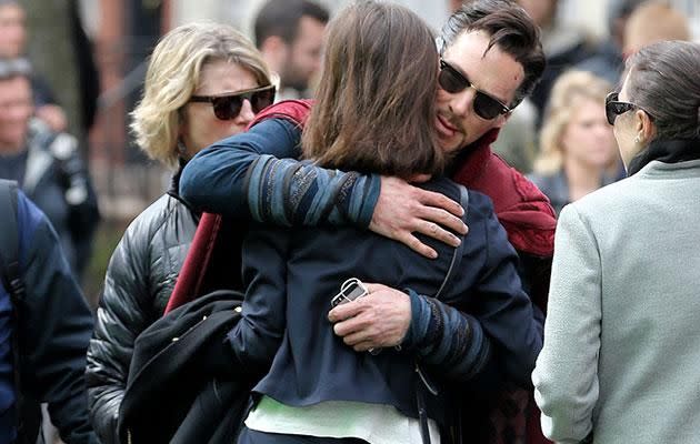 Benedict Cumberbatch greets his wife Sophie Hunter with a big hug on the set of Doctor Strange in New York. Source: Splash