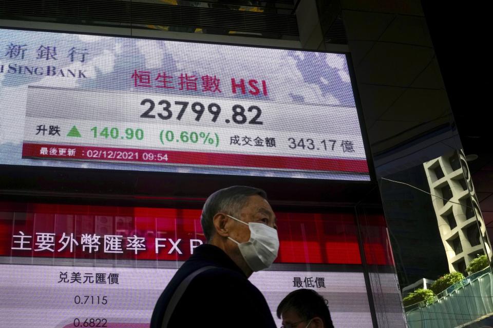 A man wearing a face mask walks past a bank's electronic board showing the Hong Kong share index in Hong Kong, Thursday, Dec. 2, 2021. Asian stock markets were mixed Thursday after a turbulent day on Wall Street as traders tried to forecast the impact of the coronavirus's omicron variant. (AP Photo/Kin Cheung)