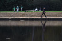 Phil Mickelson walks to the 15th green during the second round of the Masters golf tournament Friday, Nov. 13, 2020, in Augusta, Ga. (AP Photo/Chris Carlson)