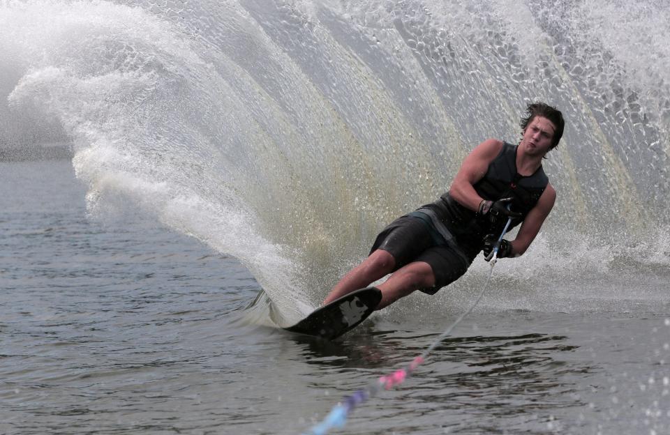 Collin Frucci, age 17 from Hanover, practices the slalom water ski on a lake in Pembroke on August 25, 2020. Frucci recently competed in Nationals, which was held in Louisiana from August 5-8. Photo by Lauren Owens Lambert / for The Patriot Ledger.