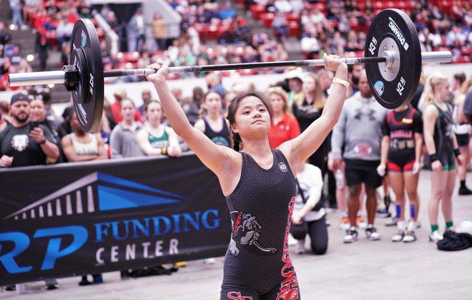 South Fork's Bliss Weiler competes in the clean-and-jerk event as part of the Olympic lifts portion of the FHSAA Girls Weightlifting Championships that took place on Saturday, Feb. 18, 2023 at the RP Funding Center in Lakeland.