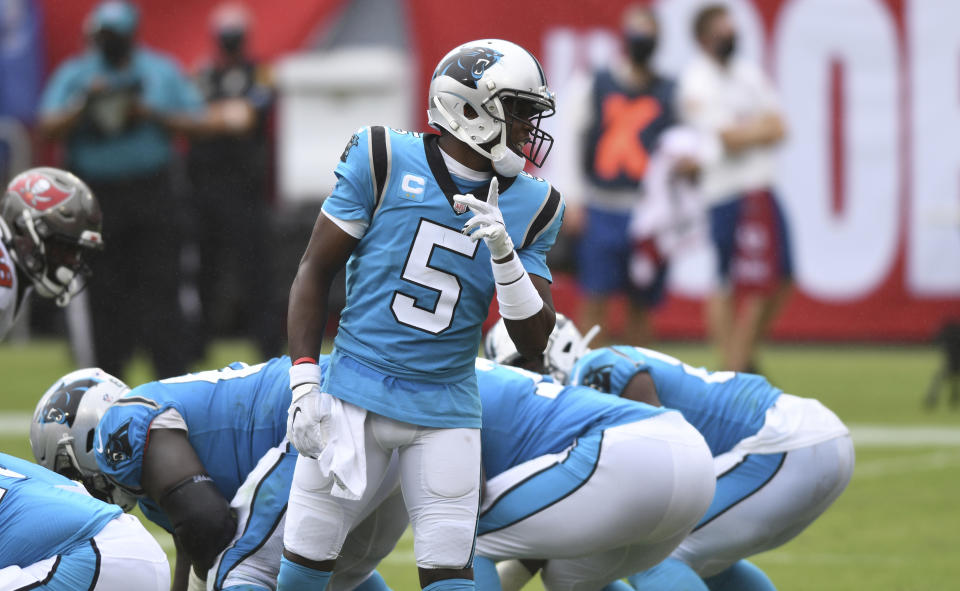 Carolina Panthers quarterback Teddy Bridgewater (5) leads his team into a Week 3 game against the Chargers. (AP Photo/Jason Behnken)