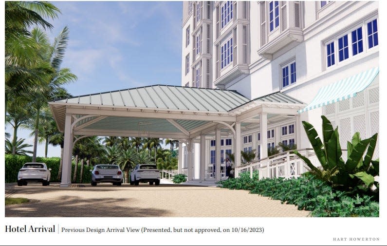 Naples Beach Club's two-car porte-cochere proposal presented to and rejected by Naples City Council in October. Hotel architect Hart Howerton offered to combine this design with one presented Thursday that has a flatter roof.