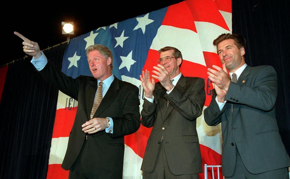 FILE - Democratic National Committee co-chairman Don Fowler, center, is flanked by President Clinton, left, and actor Alec Baldwin as Clinton is introduced in a reception for the Saxophone Club outside the Smash Box photo studio in Culver City, Calif., in this Monday, June 10, 1996, file photo. Don Fowler, a former chair of the Democratic National Committee and mainstay of South Carolina and national politics for decades, has died. He was 85. Trav Robertson, chairman of South Carolina's Democratic Party, said on Twitter Fowler died Tuesday night, Dec. 15, 2020, calling him “the ”Democrat's Democrat." No cause was mentioned, but Fowler's wife said on Facebook that Fowler had been in the hospital this week. (AP Photo/Joe Marquette)