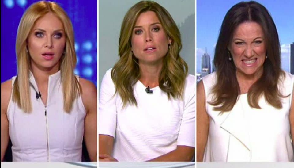 Earlier this month footage was leaked of Channel Nine newsreaders Amber Sherlock and Julie Snook locking horns over their white wardrobe. Source: Nine