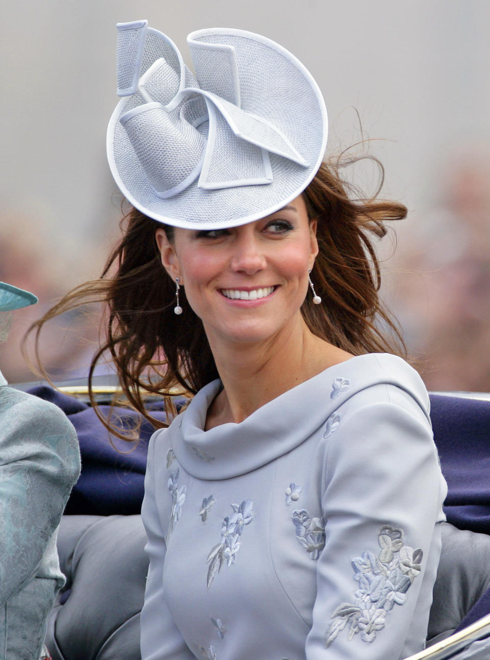 The Duchess of Cambridge travels in a horse-drawn carriage down The Mall during the annual Trooping the Color ceremony on June 16, 2012, in London.
