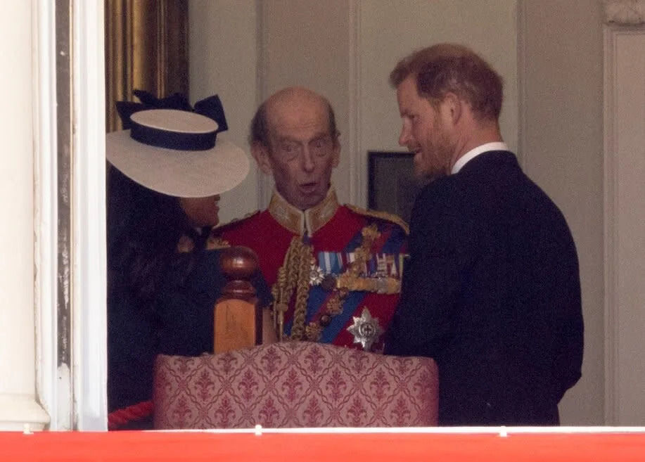 Prince Harry, Meghan Markle, Duke of Kentl in the Major General's office overlooking The Trooping of the Colour on Horse Guards Parade.