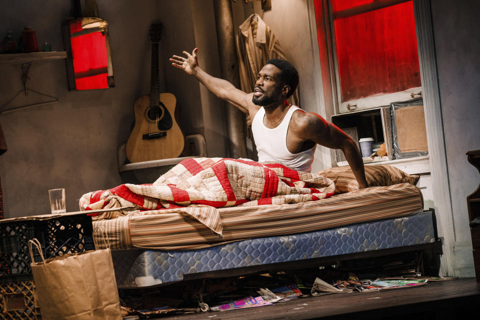 This image released by Polk & Co. shows Yahya Abdul-Mateen II during a performance of the play “Topdog/Underdog.” (Marc J. Franklin