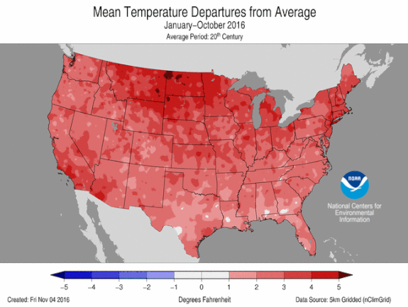 Temperature departures from average for Jan to Oct 2016.