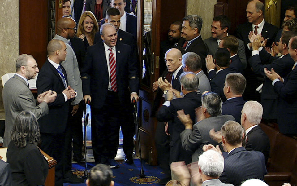 FILE - This image from House Television shows House Republican Whip Steve Scalise walking on the House floor of the Capitol in Washington, Thursday, Sept. 28, 2017. Scalise returned to the House on Sept. 28, more than three months after a baseball practice shooting left him fighting for his life. (House Television via AP, File)
