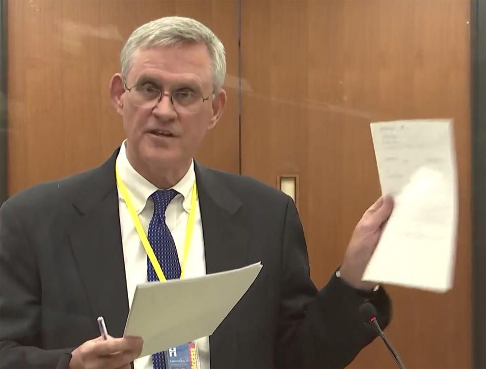 In this screen grab from video, defense attorney Paul Engh questions a potential juror as Hennepin County Judge Regina Chu presides over jury selection Thursday, Dec. 2, 2021, in the trial of former Brooklyn Center police Officer Kim Potter at the Hennepin County Courthouse in Minneapolis, Minn. Potter is charged with first- and second-degree manslaughter in the April 11 shooting of Wright, a 20-year-old Black motorist, following a traffic stop in the Minneapolis suburb of Brooklyn Center. (Court TV, via AP, Pool)