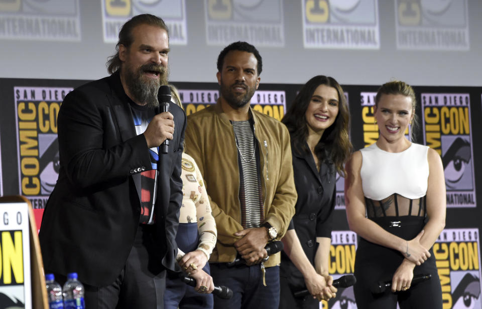 David Harbour, from left, O. T. Fagbenle, Rachel Weisz and Scarlett Johansson participate during the "Black Widow" portion of the Marvel Studios panel on day three of Comic-Con International on Saturday, July 20, 2019, in San Diego. (Photo by Chris Pizzello/Invision/AP)