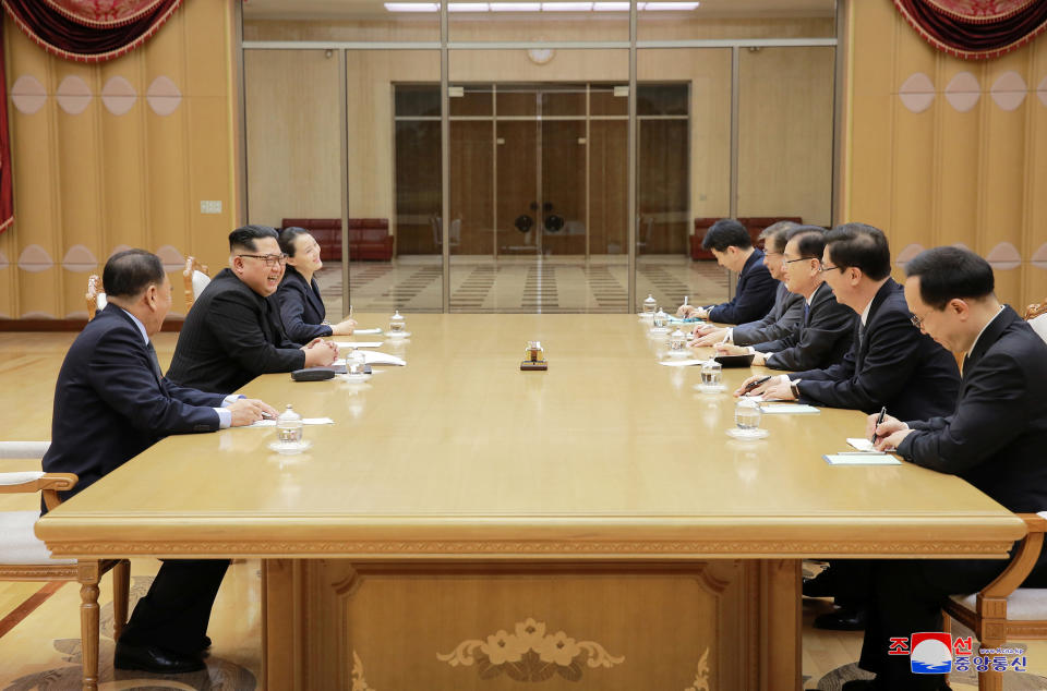 North Korean leader Kim Jong Un meets members of the special delegation of South Korea's President.