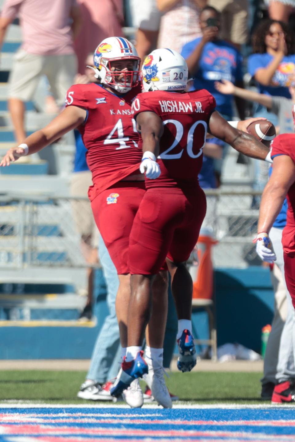 Kansas redshirt sophomore tight end Trevor Kardell (45) celebrates the Jayhawks' first touchdown against Duke with redshirt sophomore running back Daniel Hishaw Jr. (20) during the first quarter of Saturday's game.