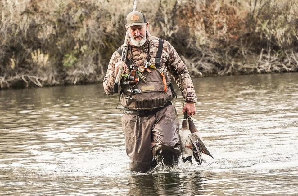 Hunter wears chest waders similar to those belonging to missing boater Tyler Doyle. The Loris man disappeared on January 26 while duck hunting near Little River, S.C. Photo from Slayer Calls website. February 1, 2023.