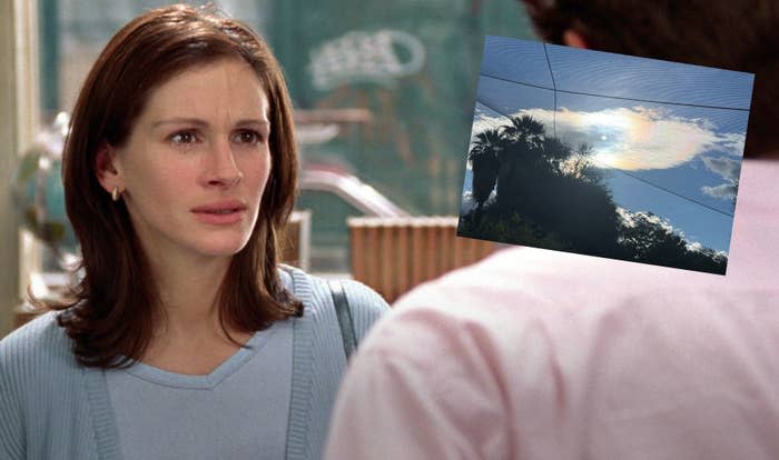 Woman facing man in conversation, inset of sky above trees