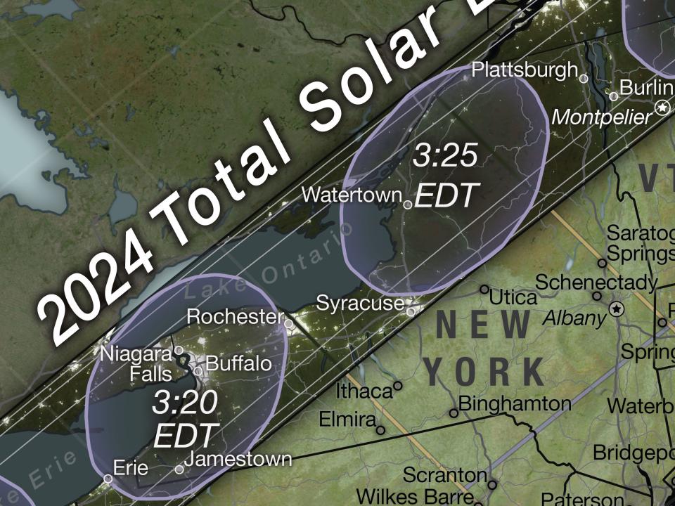 zoomed shot of nasa map shows eclipse shadow over northern New York state and Lake Ontario in October 2023