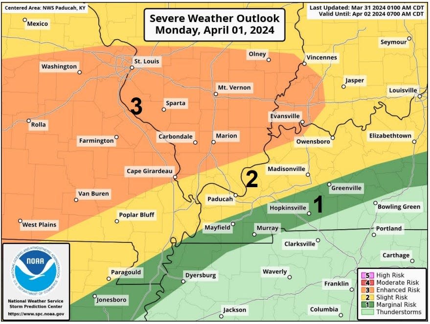 The National Weather Service has placed much of the Tri-State in an "enhanced risk" area for severe weather on Monday.