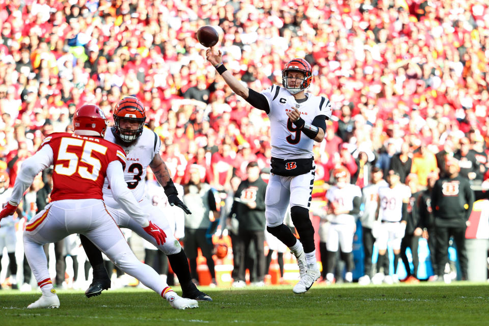 Joe Burrow and the Cincinnati Bengals take on the Chiefs again this Sunday. (Photo by Kevin Sabitus/Getty Images)