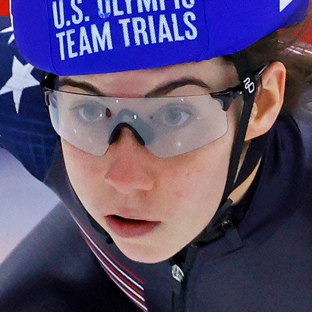 Julie Letai competes in the Women's 500m quarter final race during the U.S. Olympic Trials Short Track Speed Skating competition Dec. 19, 2021. Photo by Jeffrey Swinger-USA TODAY