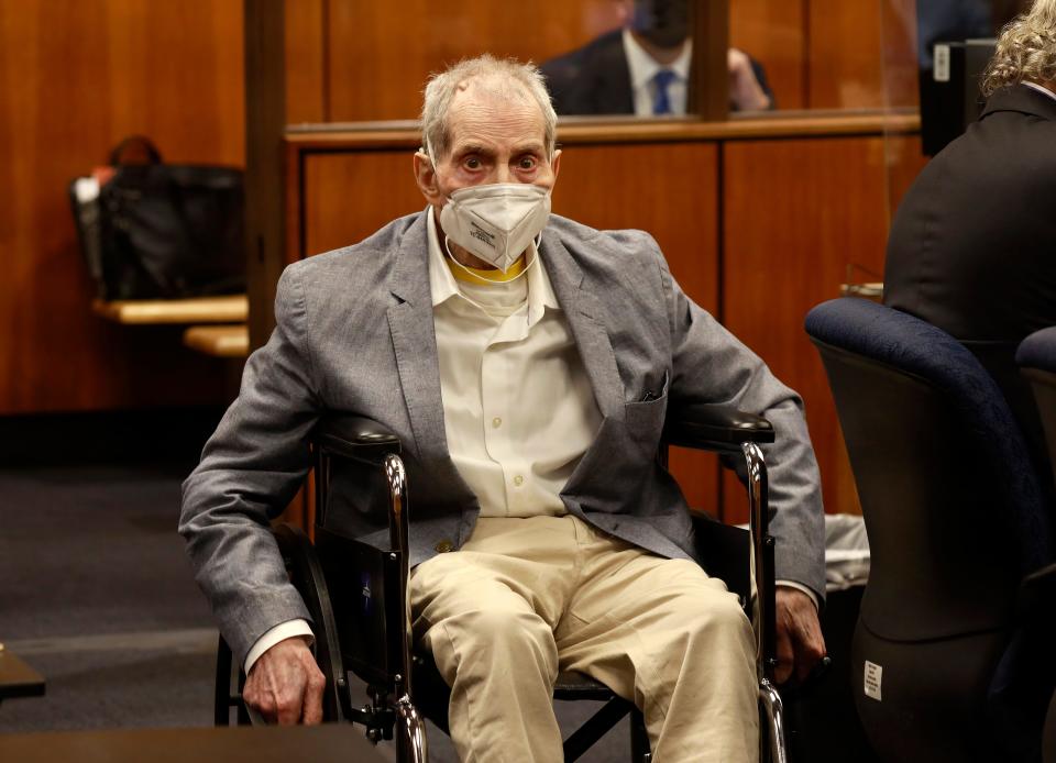 Robert Durst in his wheelchair spins in place as he looks at people in the courtroom as he appears in a courtroom in Inglewood, Calif. on Wednesday, Sept. 8, 2021, with his attorneys for closing arguments presented by the prosecution in the murder trial of the New York real estate scion who is charged with the longtime friend Susan Berman's killing in Benedict Canyon just before Christmas Eve 2000. (Al Seib/Los Angeles Times via AP, Pool)