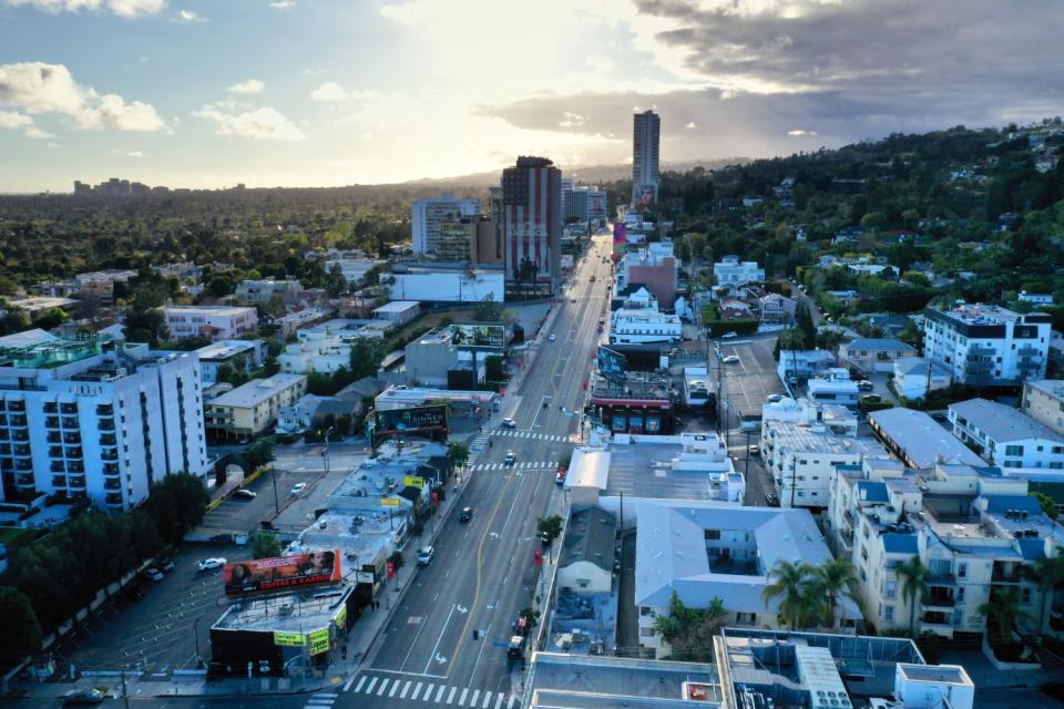 Sunset Boulevard, in an aerial view, is deserted on a recent day.