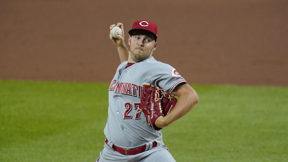 Cincinnati Reds starting pitcher Trevor Bauer delivers during the fourth inning of the second baseball game of a double header against the Pittsburgh Pirates in Pittsburgh, Friday, Sept. 4, 2020. The Pirates won 4-3. (AP Photo/Gene J. Puskar)