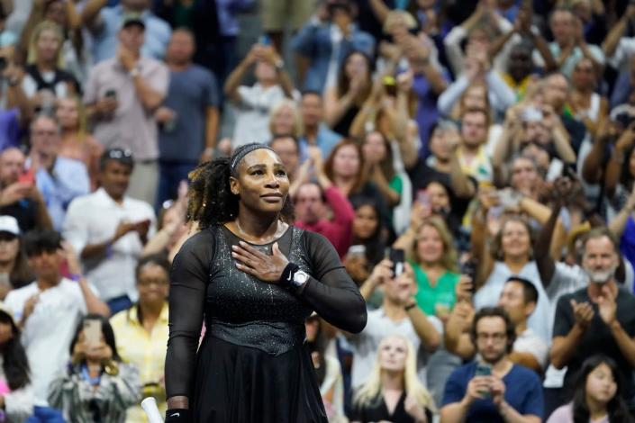 Serena Williams acknowledges the crowd after losing to Ajla Tomljanovicin the third round of the US Open, almost certainly bringing her career to an end (AP)
