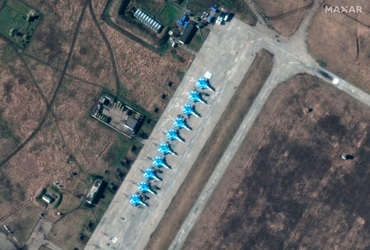 Satellite image provided by Maxar Technologies shows the closer view of new Su-34 fighters at an airbase  (AP)