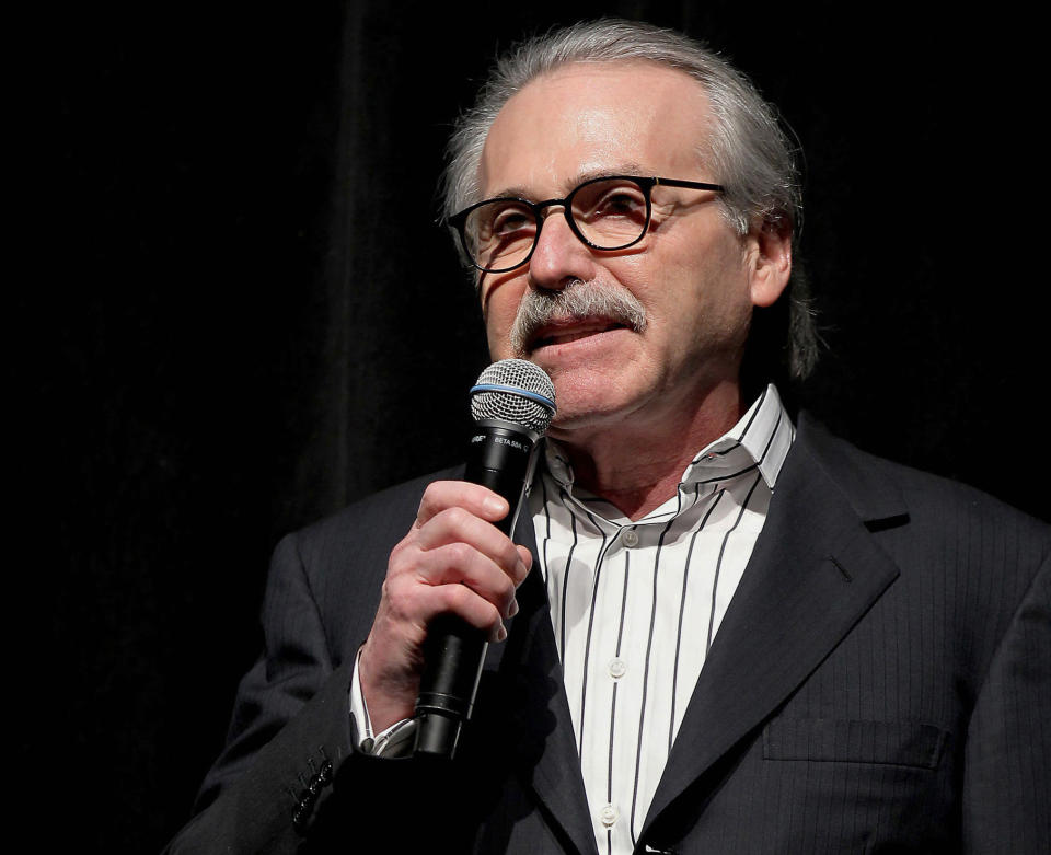 FILE - In this Jan. 31, 2014, photo, David Pecker, chairman and CEO of American Media, speaks at the Shape & Men's Fitness Super Bowl Party in New York. A federal election watchdog fined on Wednesday, June 2, 2021, A360 Media, formerly known as American Media, the publisher of the National Enquirer $187,500 for a payment it made to keep under wraps a story about former President Trump’s alleged affair with a former Playboy model. An emailed statement from a representative for Pecker, who stepped down as CEO of the publisher in 2020, said that that Pecker was not a party to the settlement and had not paid a fine. (Marion Curtis via AP, File)
