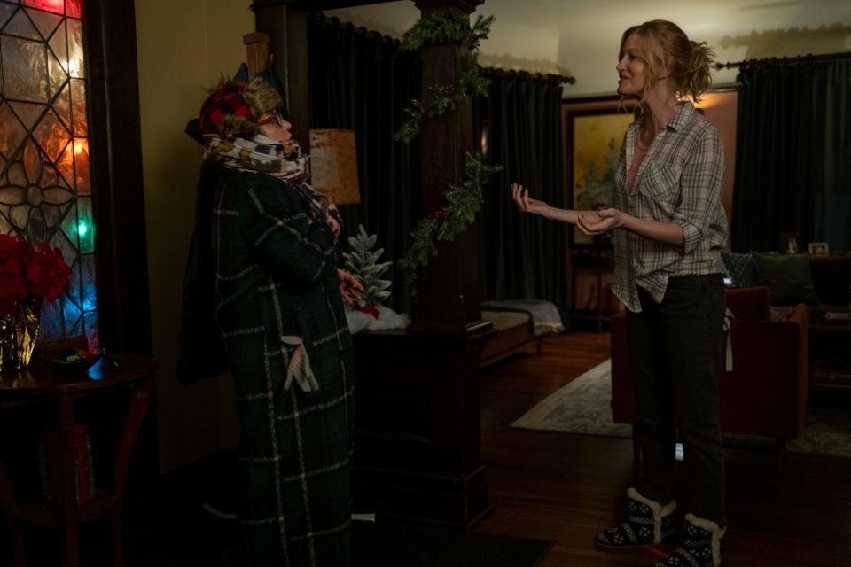 Two decades after her daughter went missing, a recovering alcoholic (Anna Gunn, right, with Janeane Garofalo) is hosting a Christmas party when an unannounced visitor shows up with gifts and a secret in the holiday thriller "The Apology."